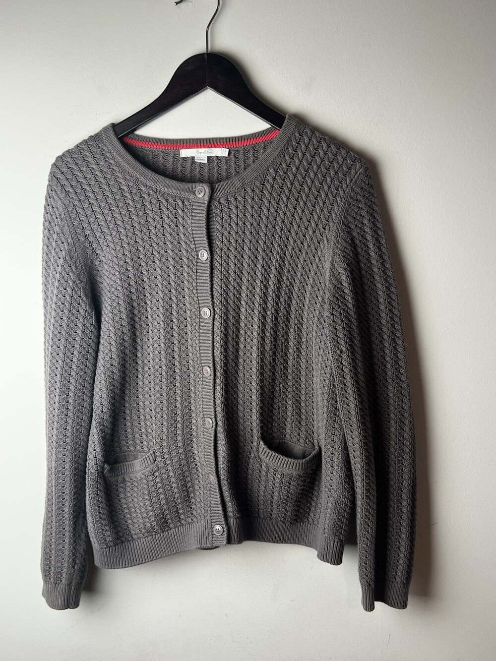 Boden Sweater Chunky Knit Cardigan Gray Taupe M Pockets Soft